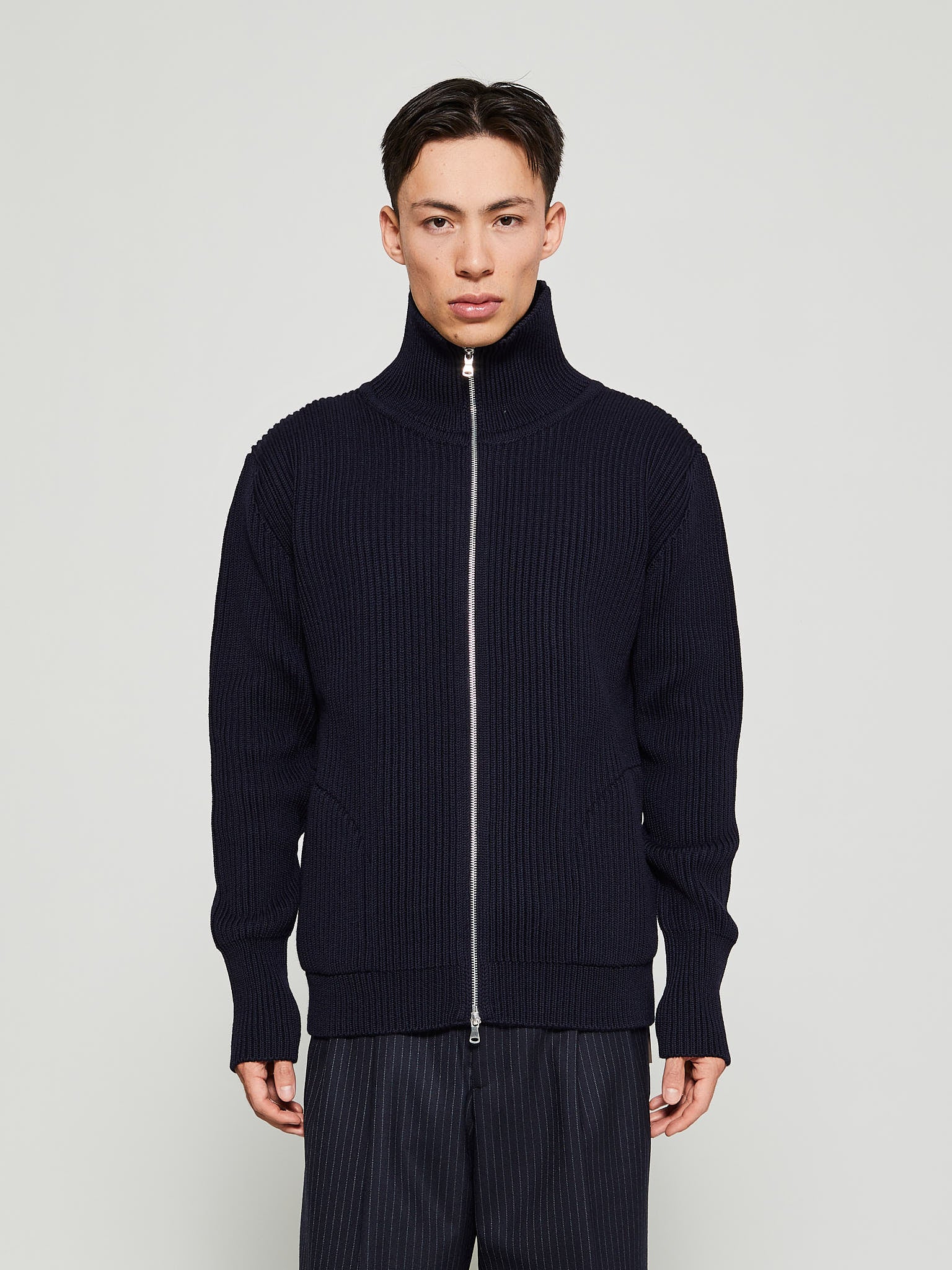 Andersen-Andersen - Navy Full Zip Pockets Knitwear in Navy Blue