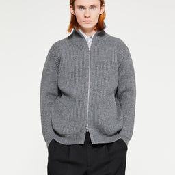 Navy Full Zip Pockets Knitwear in Grey