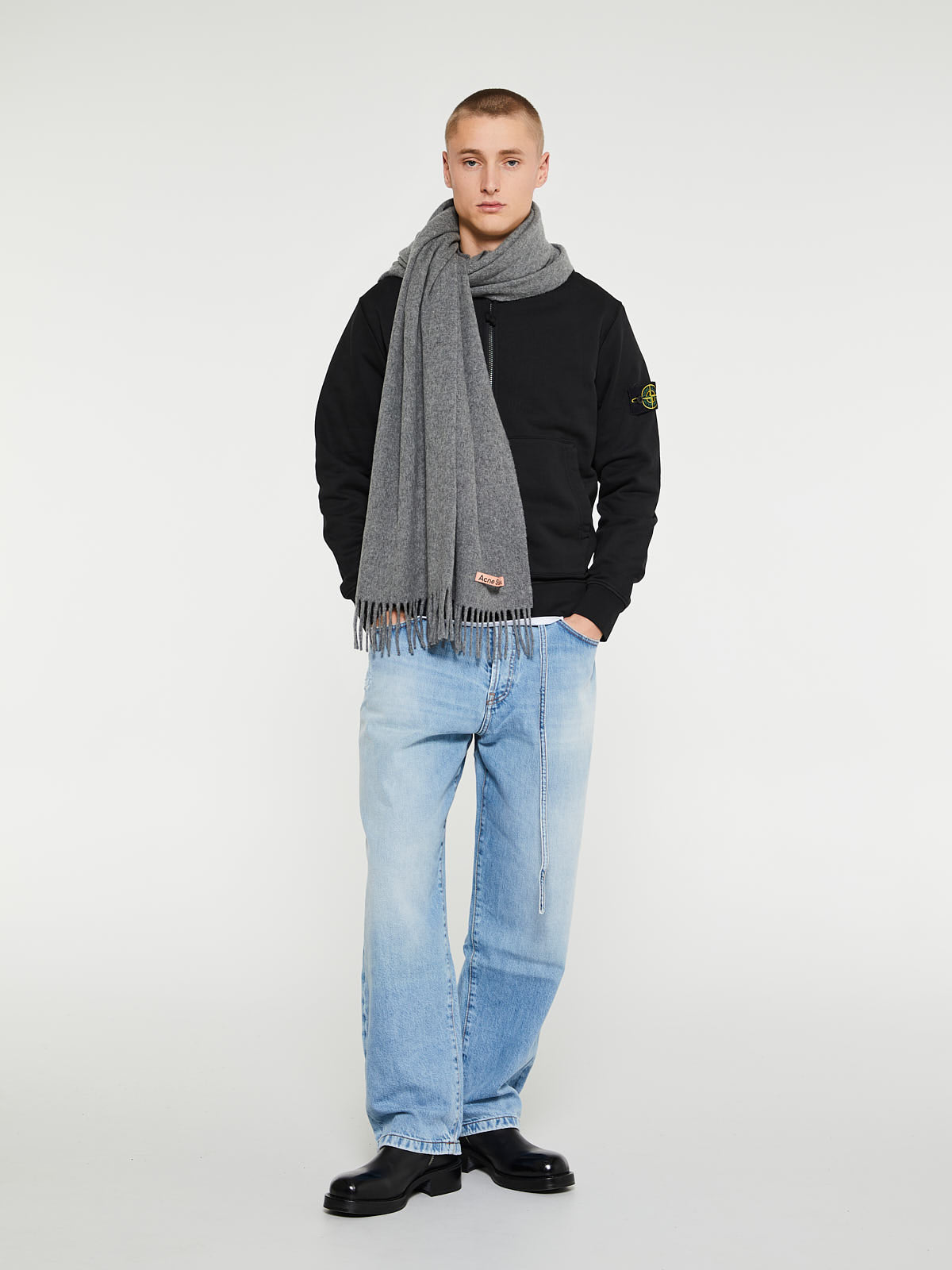 Acne Studios - Narrow Fringe Wool Scarf in Grey Melange