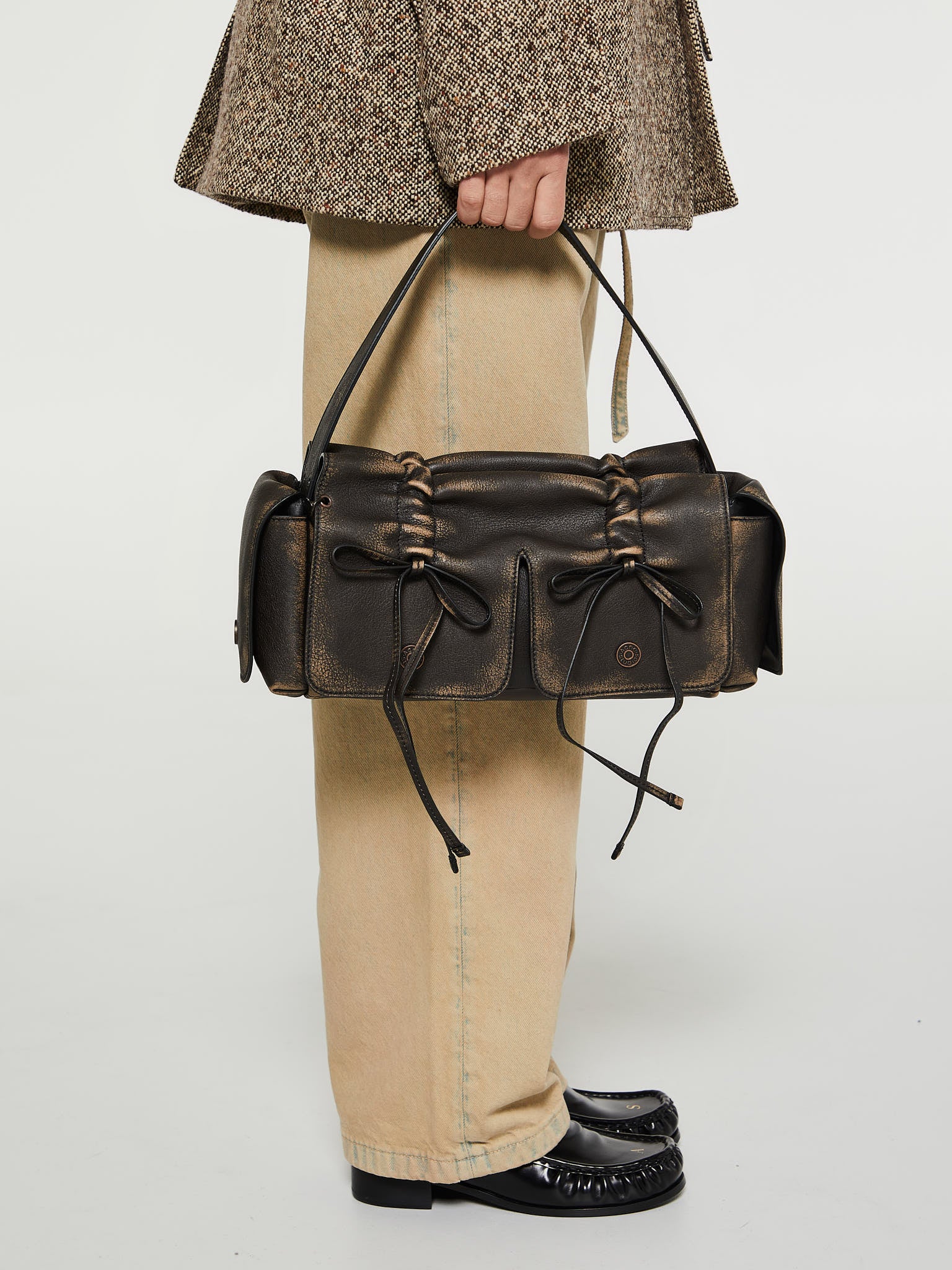 Multipocket Vintage Taske i Mørkebrun og Beige