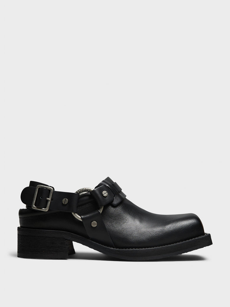 Leather Buckle Mules in Black