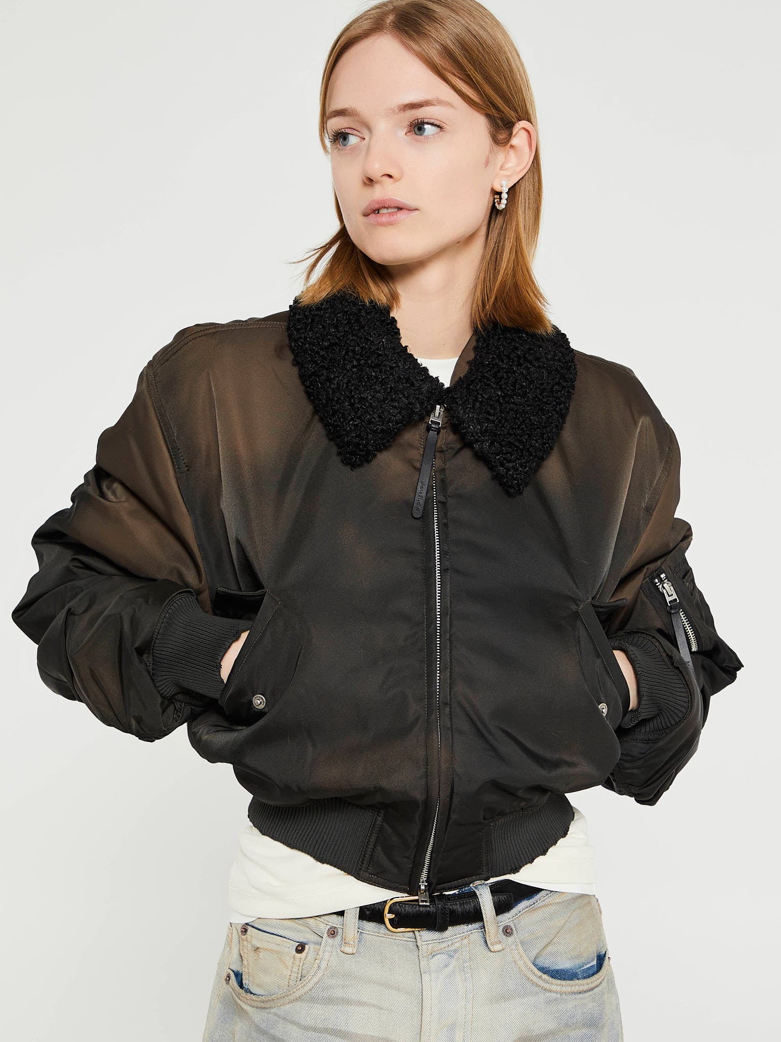 Bomber Jacket Furry Collar in Dark Brown