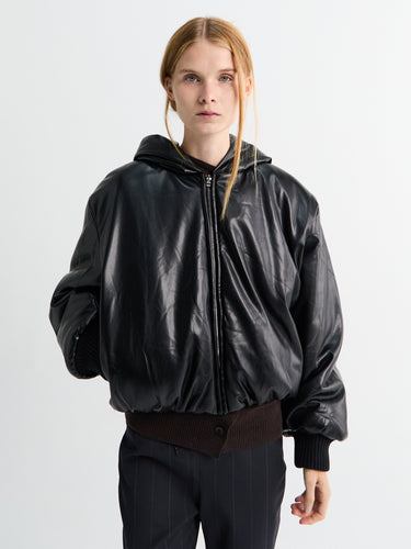 Hooded Faux Leather Jacket in Black