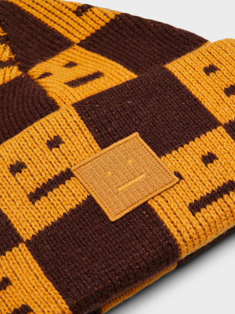 Large Pansy Face Logo Beanie in Ochre Orange and Coffee Brown
