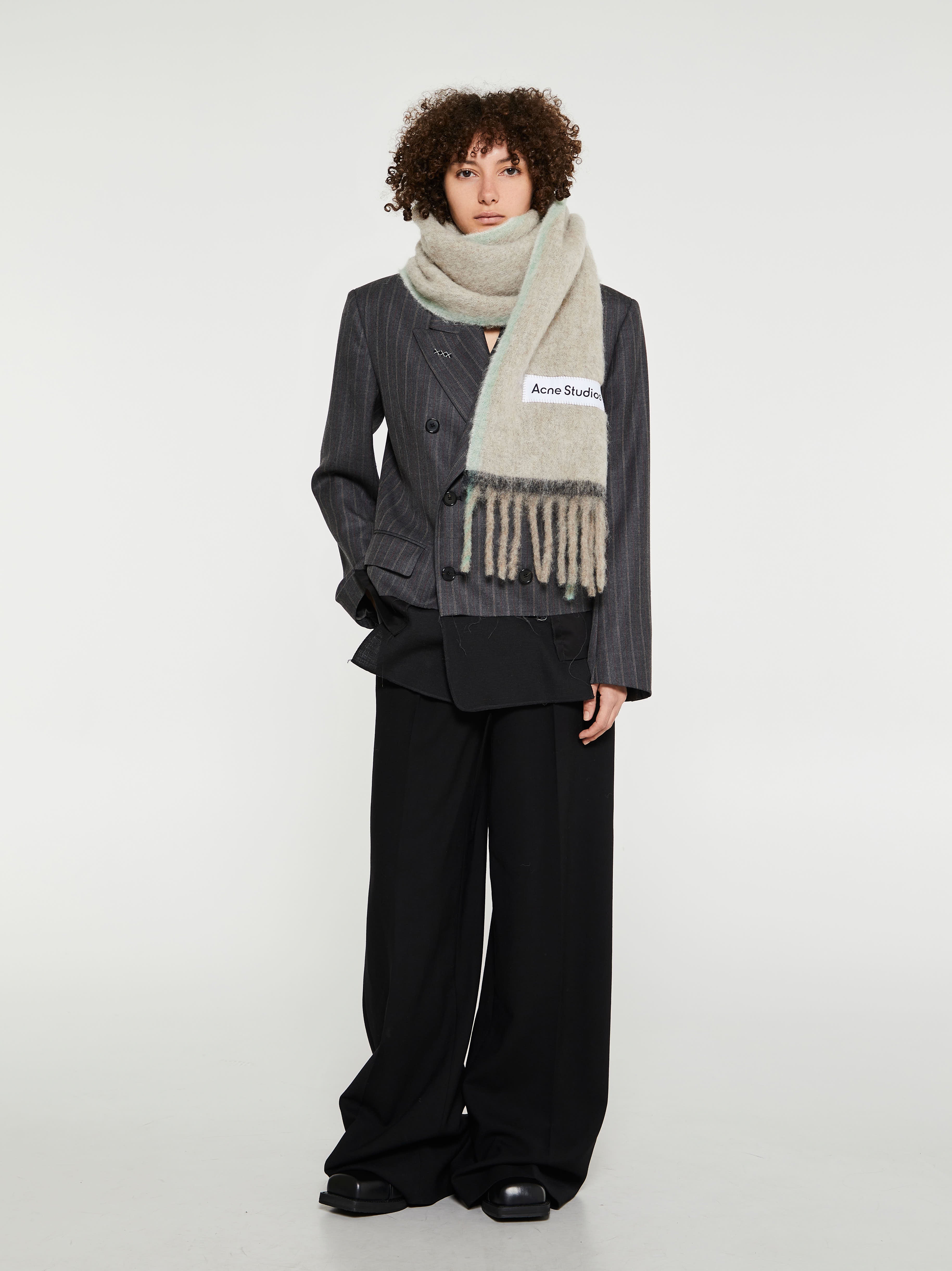 Narrow Fringe Wool Mohair Scarf in Beige and Grey