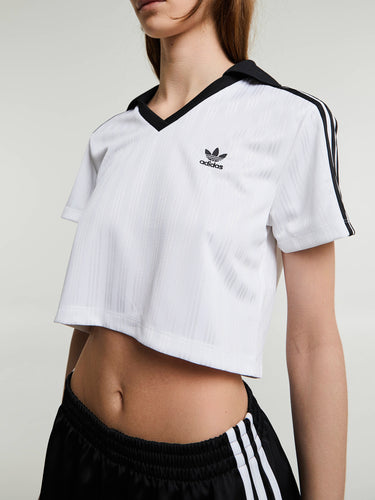 Adidas - Adicolor Football Jacquard V-Neck Crop Polo Shirt in White