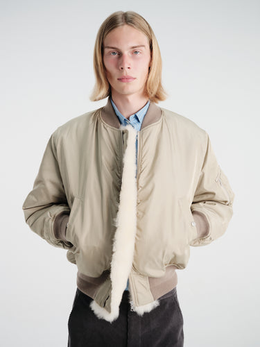 Auralee - Silk Twill Flight Blouson in Light Khaki and Ivory Beige