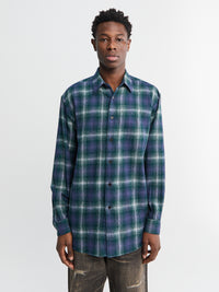 Auralee - Airy Wool Check Shirt in Forest Green and Navy