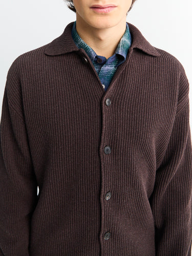 Auralee - Super Fine Wool Rib Knit Shirt Cardigan in Top Brown