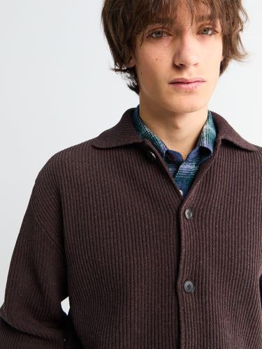 Auralee - Super Fine Wool Rib Knit Shirt Cardigan in Top Brown