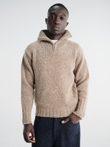 Auralee - Low-Gauge Homespun Tweed Knit Zip Turtle in Top Brown