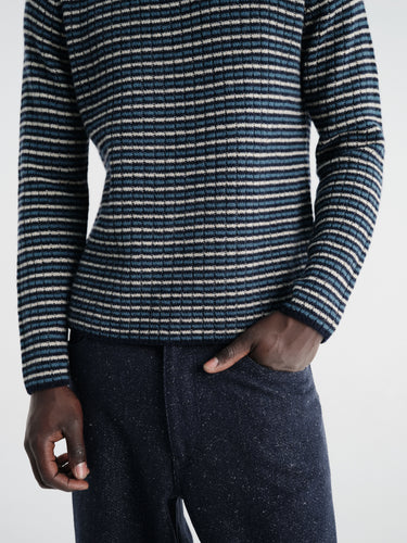 Auralee - Shetland Wool Cashmere Rib Knit in Navy Stripe