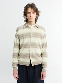 Auralee - Cotton Silk Gradient Stripe Knit Shirt Cardigan in Lime Gray Stripe