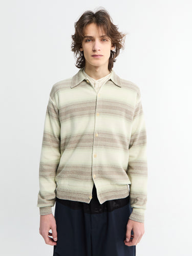 Auralee - Cotton Silk Gradient Stripe Knit Shirt Cardigan in Lime Gray Stripe