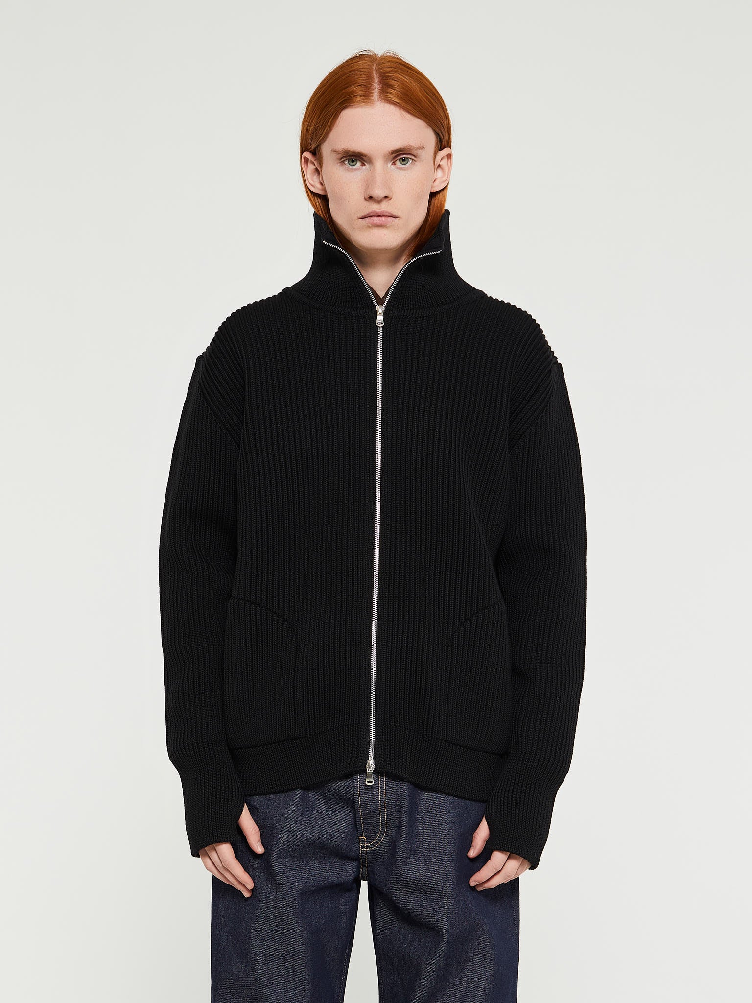 Navy Full-Zip Pockets Knitwear in Black