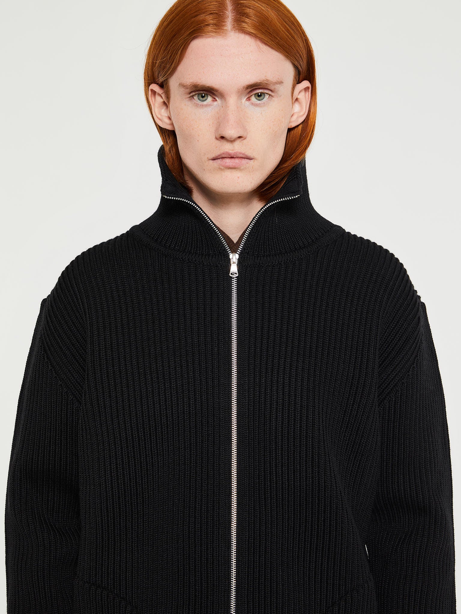 Navy Full-Zip Pockets Knitwear in Black