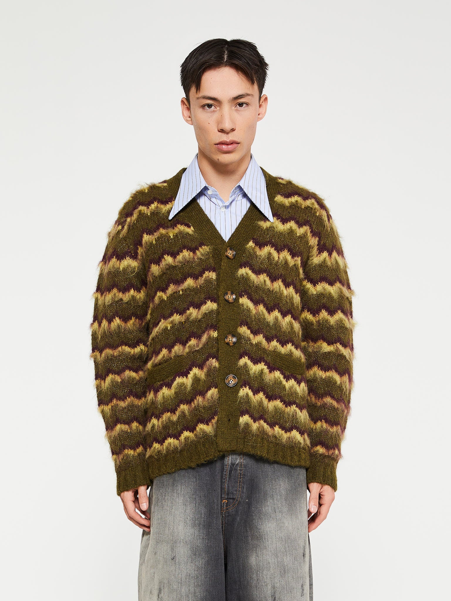 Brain Dead - Zig Zag Striped Cardigan in Olive Multi