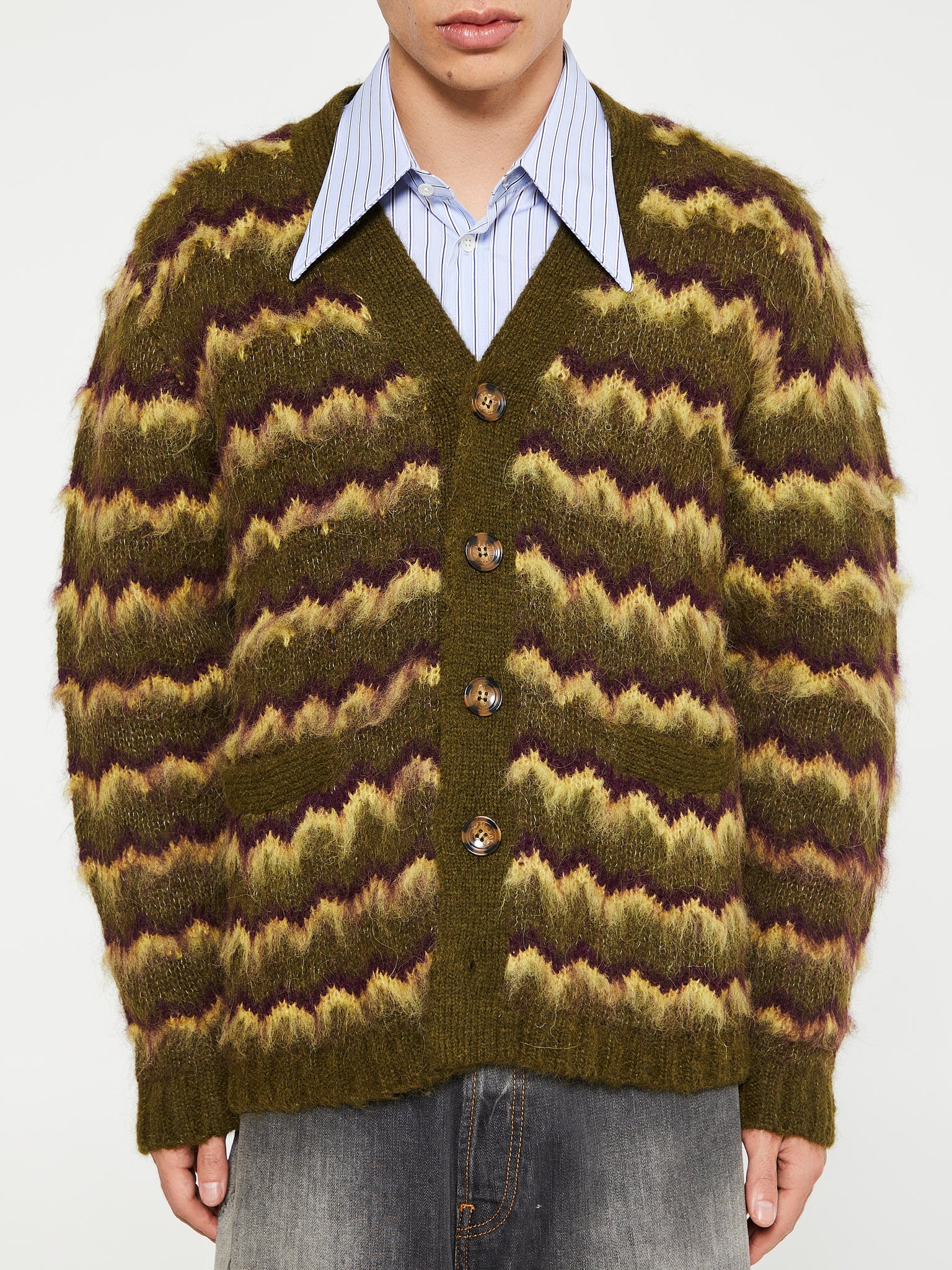 Brain Dead - Zig Zag Striped Cardigan in Olive Multi