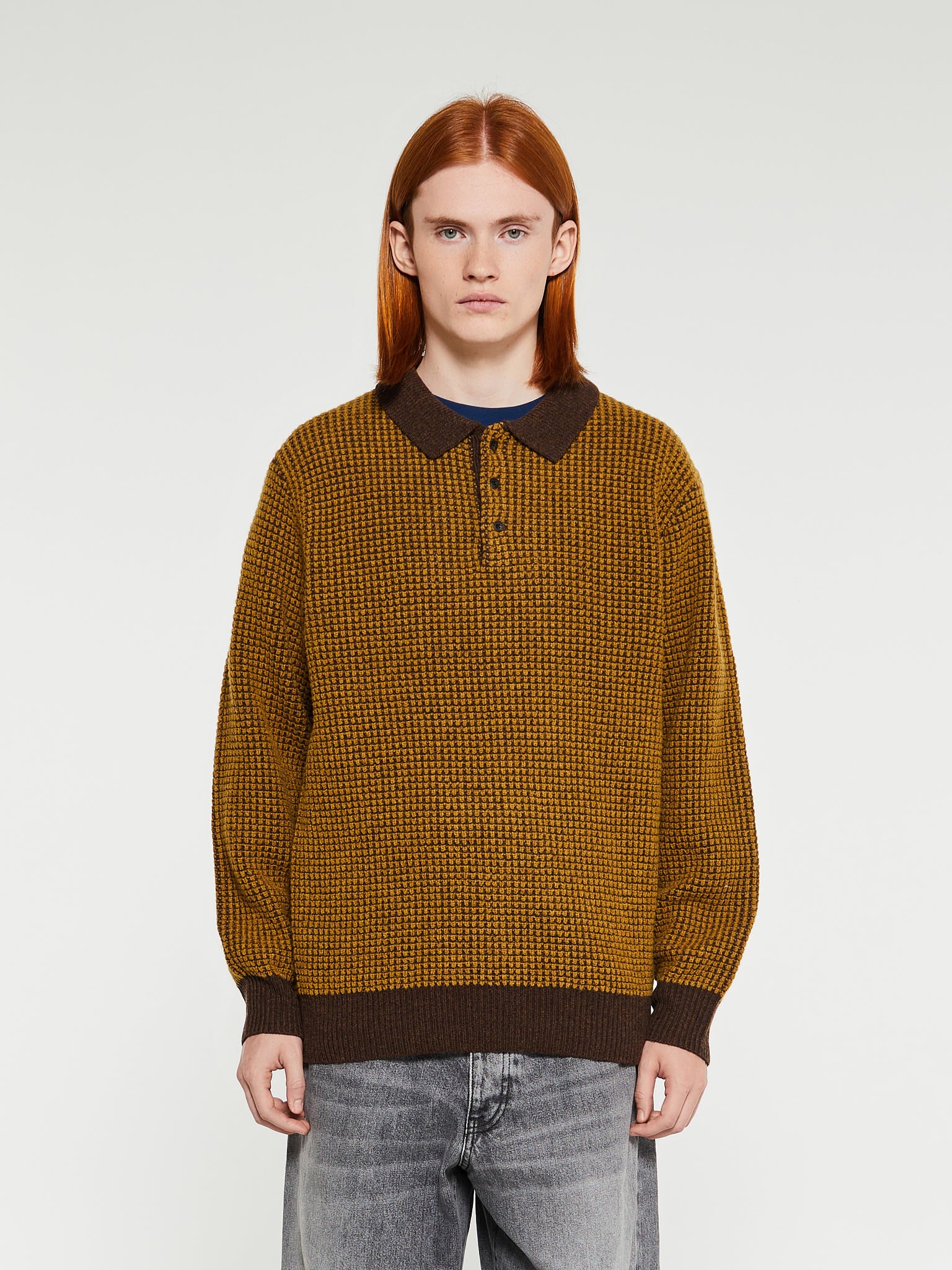 Beams Plus - Knit Polo Crochet-Like in Brown and Mustard