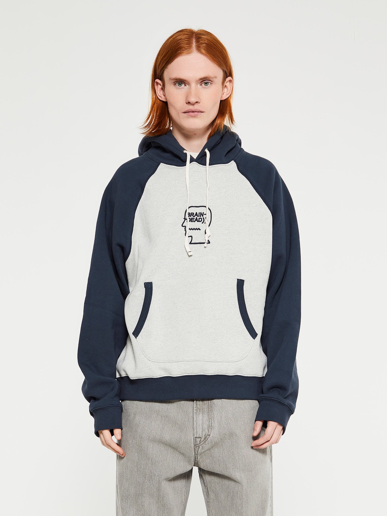 Brain Dead - Fleece Logo Head Raglan Hoodie in Oatmeal Navy