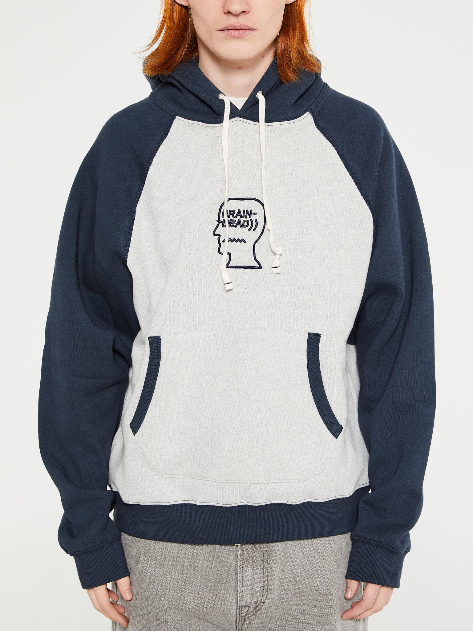 Brain Dead - Fleece Logo Head Raglan Hoodie in Oatmeal Navy