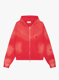 Calm. - Washed & Distressed Zip Hoodie Red in Red