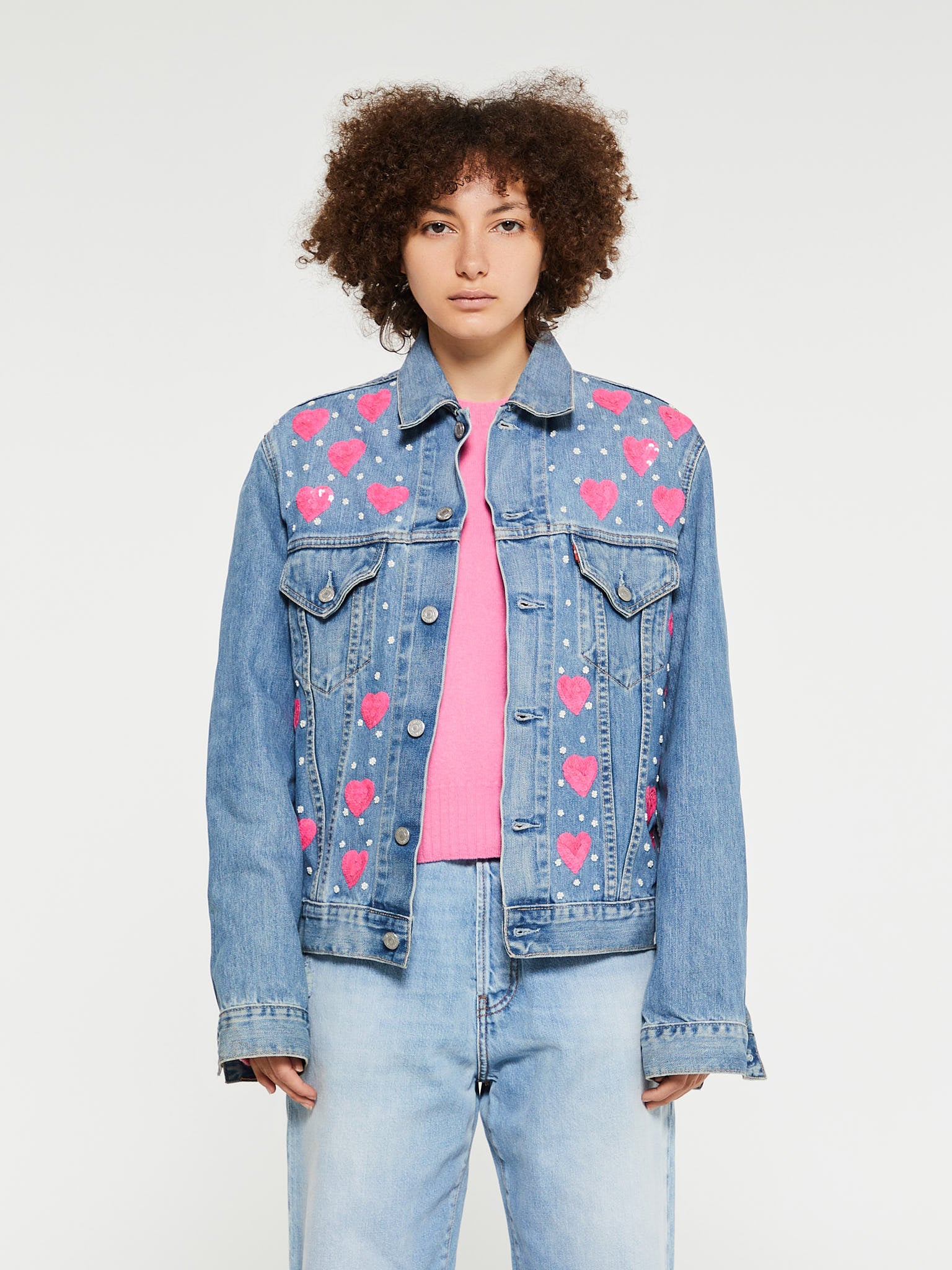 Upcycled Denim Jacket With Beaded Pink Hearts