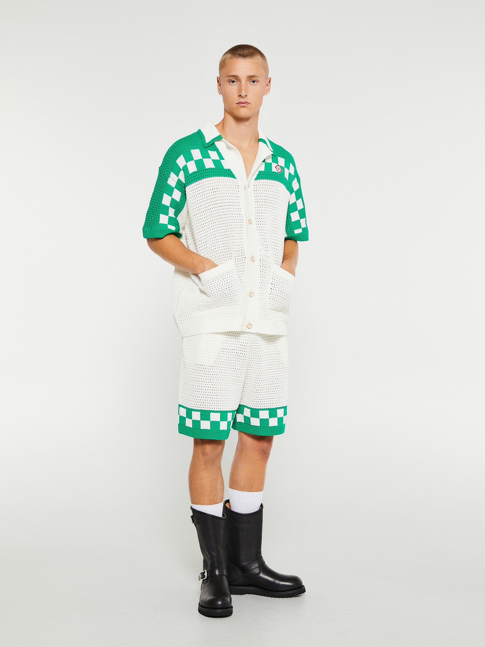 Faux Crochet Shirt in White and Green