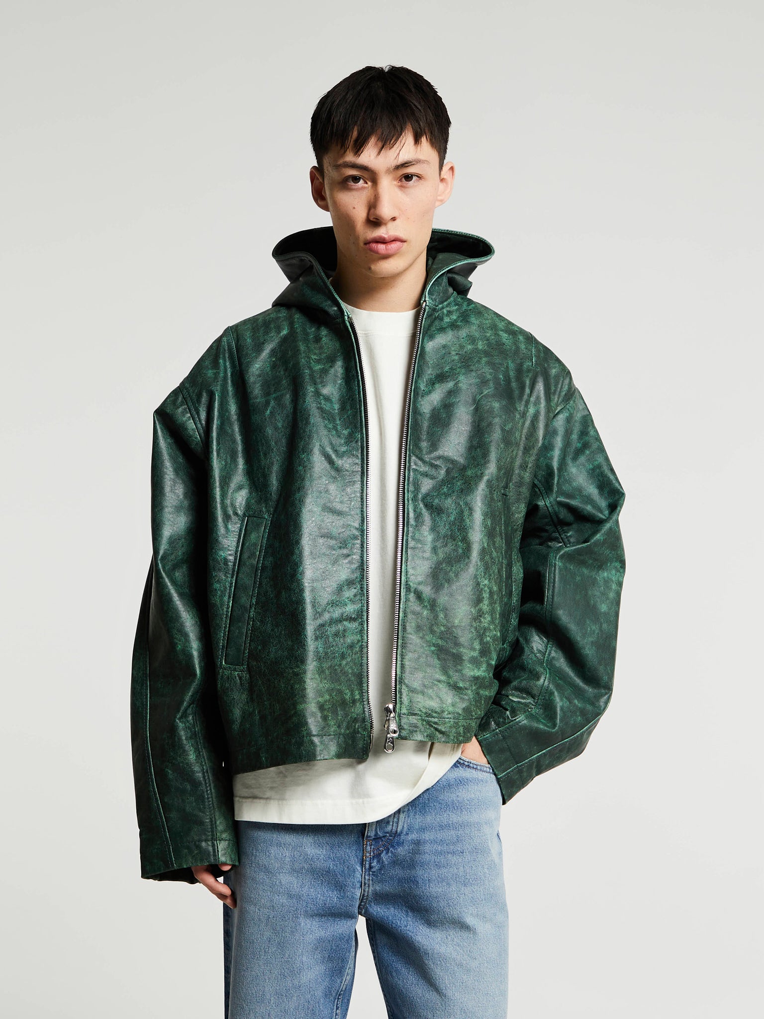 Cole Buxton - CB Hooded Leather Jacket in Green