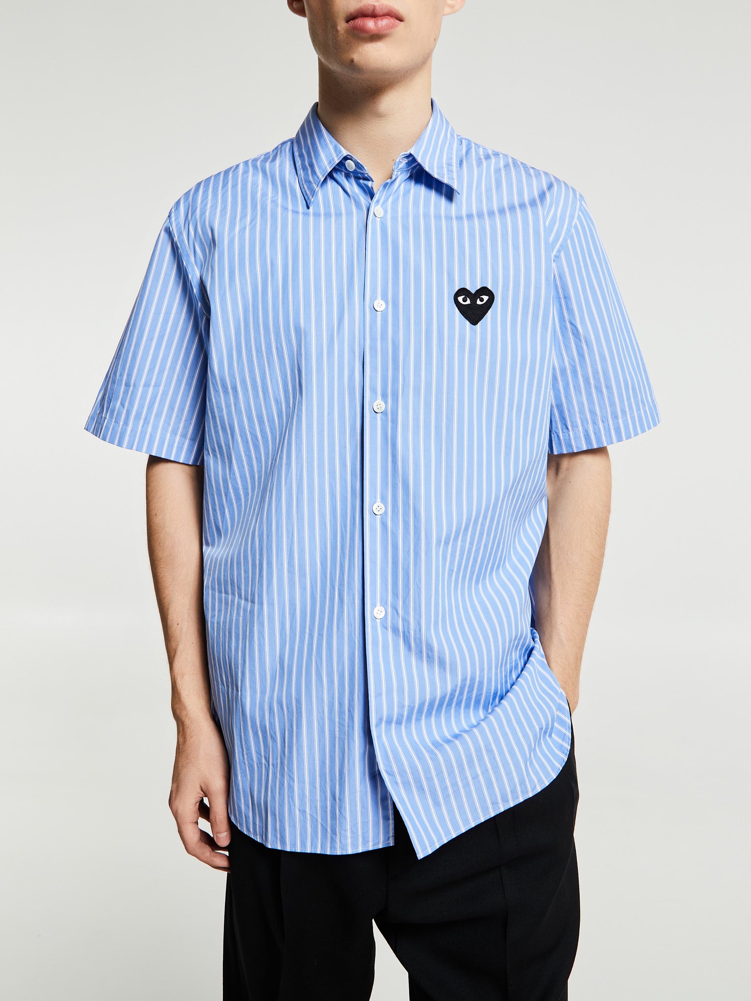 Comme des Garçons PLAY - Woven Shirt with Black Emblem in Stripe