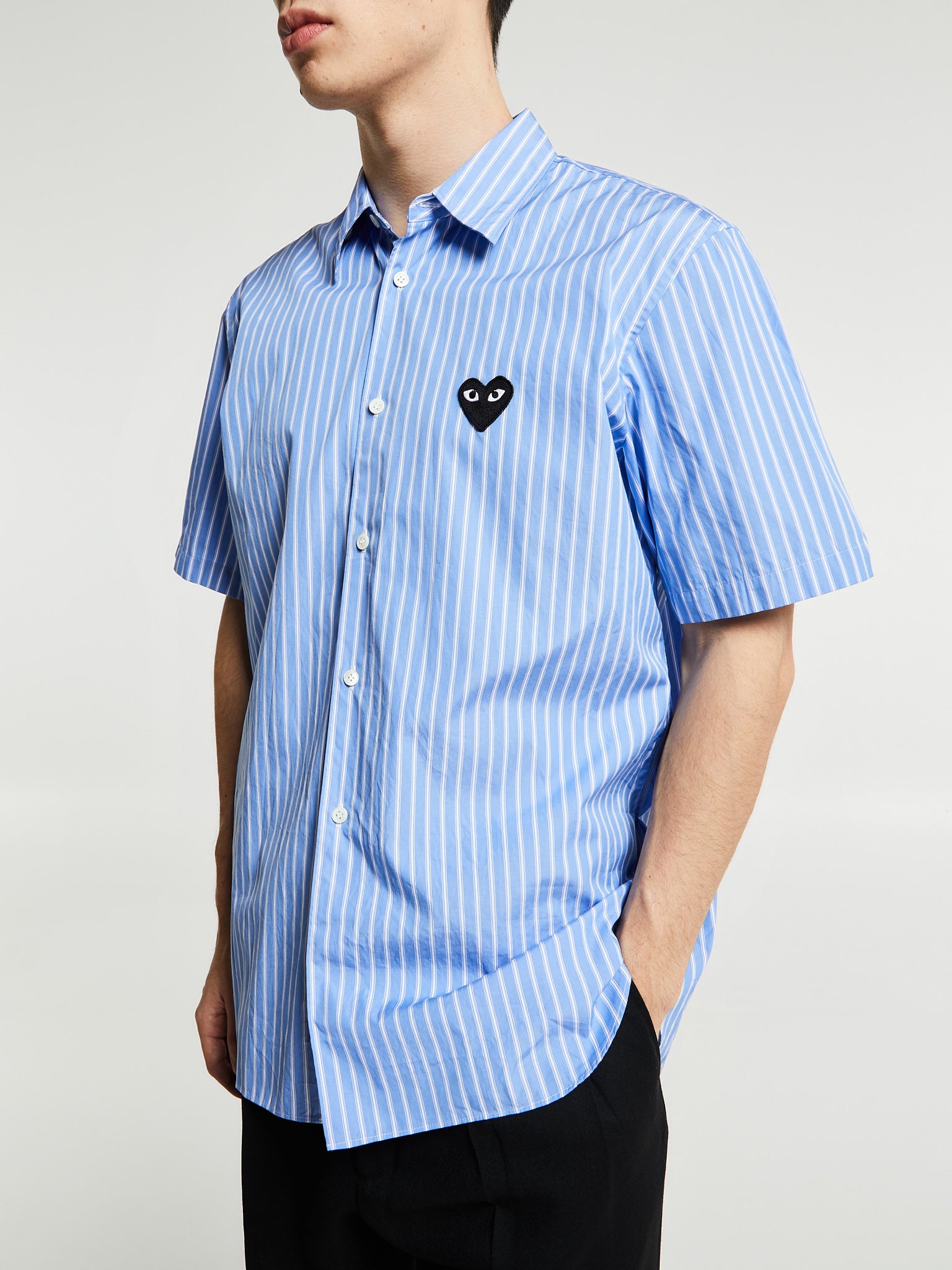 Comme des Garçons PLAY - Woven Shirt with Black Emblem in Stripe