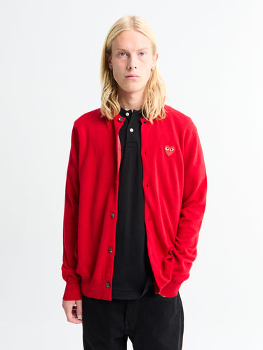 Comme des Garçons PLAY - Round-Neck Cardigan with Red Emblem in Red