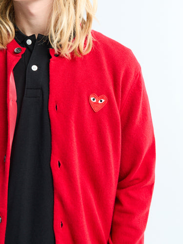 Comme des Garçons PLAY - Round-Neck Cardigan with Red Emblem in Red
