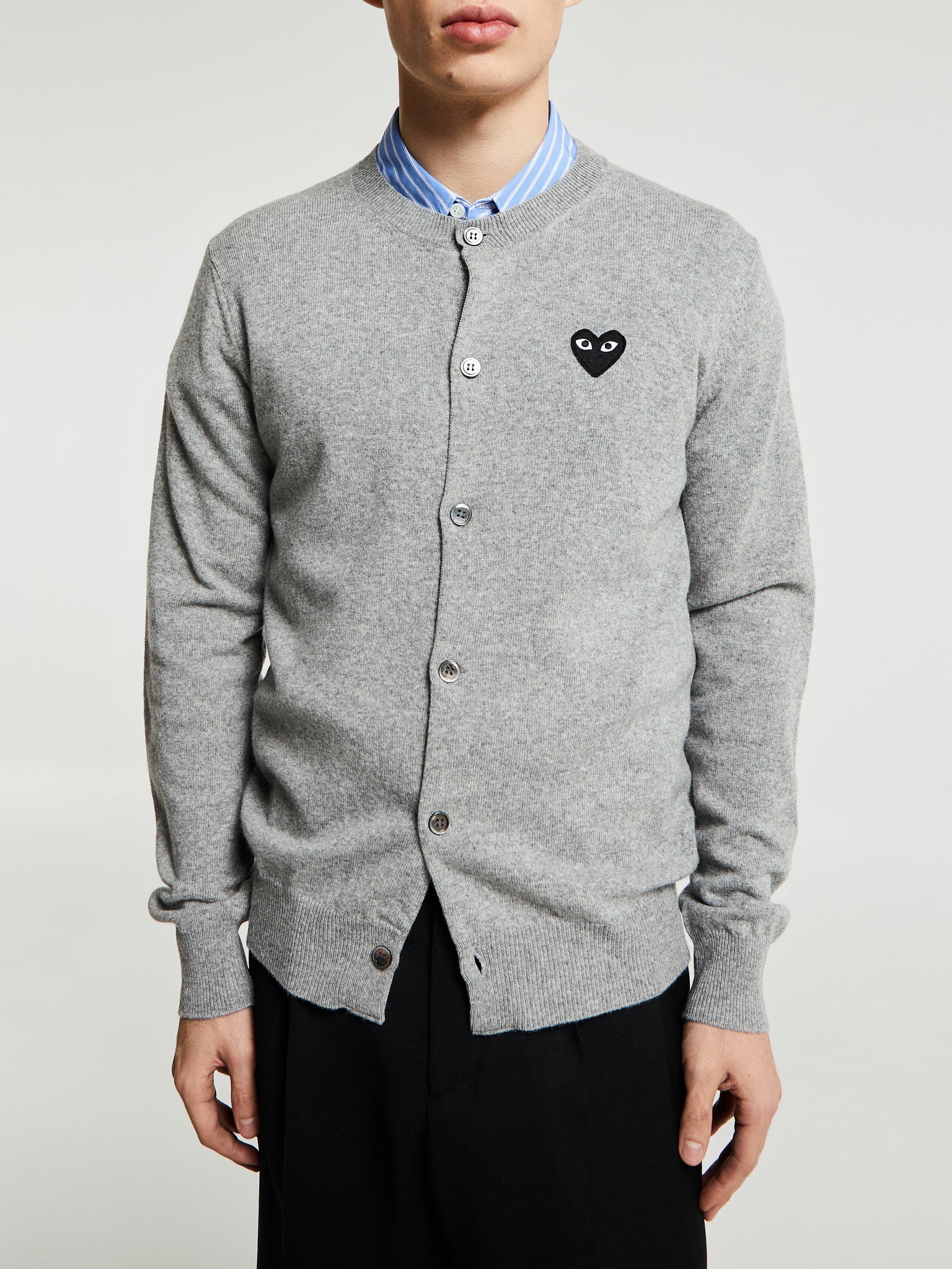 Comme des Garçons PLAY - Round Neck Black Emblem Knit in Light Grey