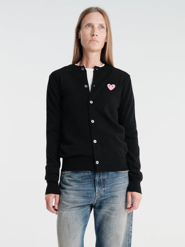 Comme des Garçons PLAY - U Round-Neck Cardigan Pink Emblem Knit in Black