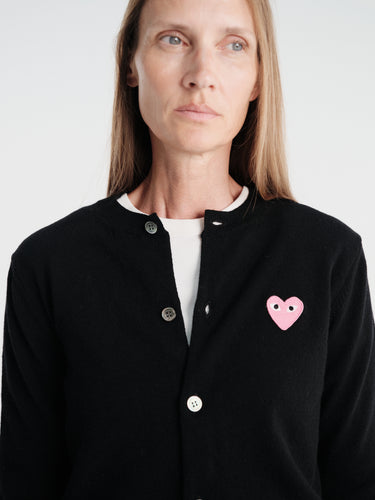 Comme des Garçons PLAY - U Round-Neck Cardigan Pink Emblem Knit in Black