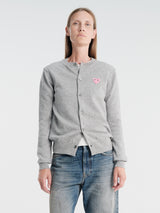 Comme des Garçons PLAY - U Round-Neck Cardigan Pink Emblem Knit in Light Grey