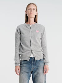 Comme des Garçons PLAY - U Round-Neck Cardigan Pink Emblem Knit in Light Grey
