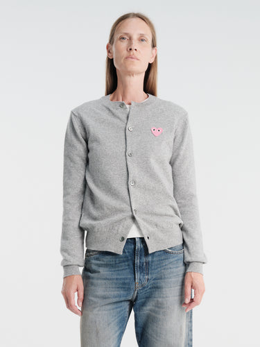 Comme des Garçons PLAY - U Round-Neck Cardigan Pink Emblem Knit in Light Grey