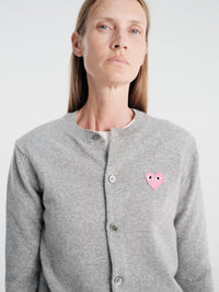 Comme des Garçons PLAY - U Round-Neck Cardigan Pink Emblem Knit in Light Grey