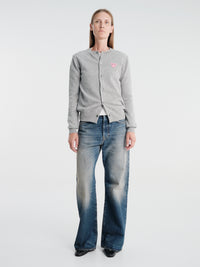 Comme des Garçons PLAY - U Round-Neck Cardigan Pink Emblem Knit in Light Grey