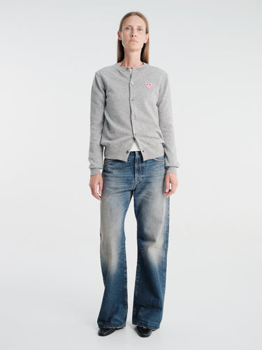 Comme des Garçons PLAY - U Round-Neck Cardigan Pink Emblem Knit in Light Grey