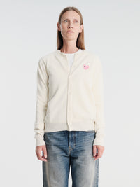 Comme des Garçons PLAY - U Round-Neck Cardigan Pink Emblem Knit in Natural