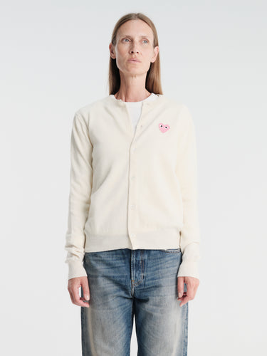 Comme des Garçons PLAY - U Round-Neck Cardigan Pink Emblem Knit in Natural