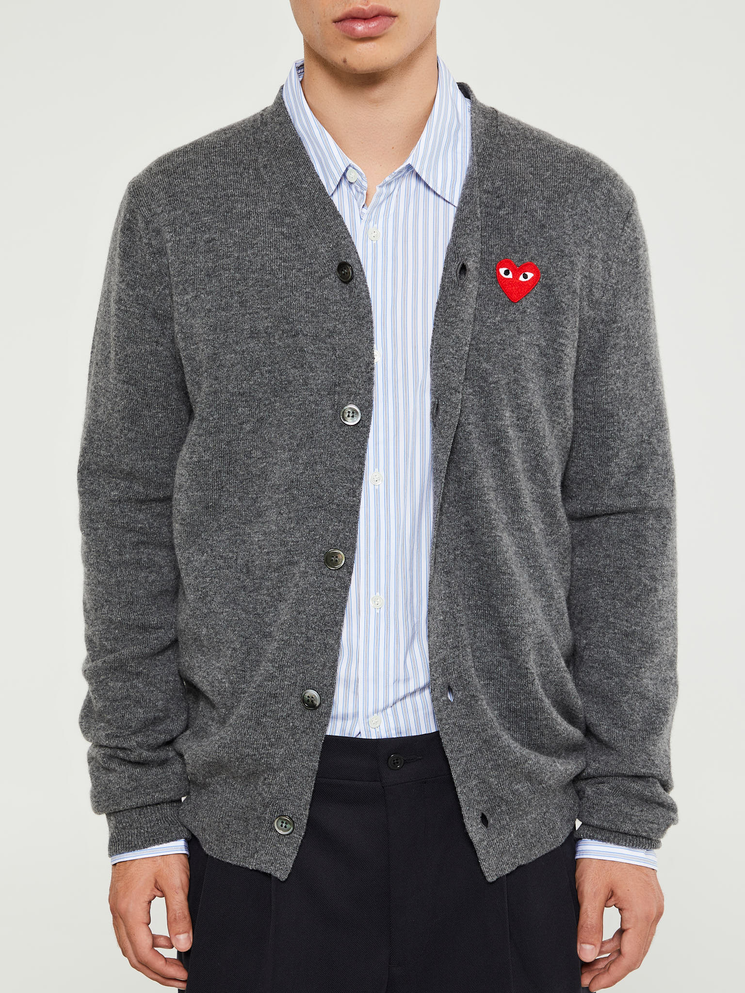 Comme des Garçons PLAY - V-Neck Cardigan with Red Emblem in Grey