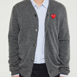 Comme des Garçons PLAY - V-Neck Cardigan with Red Emblem in Grey