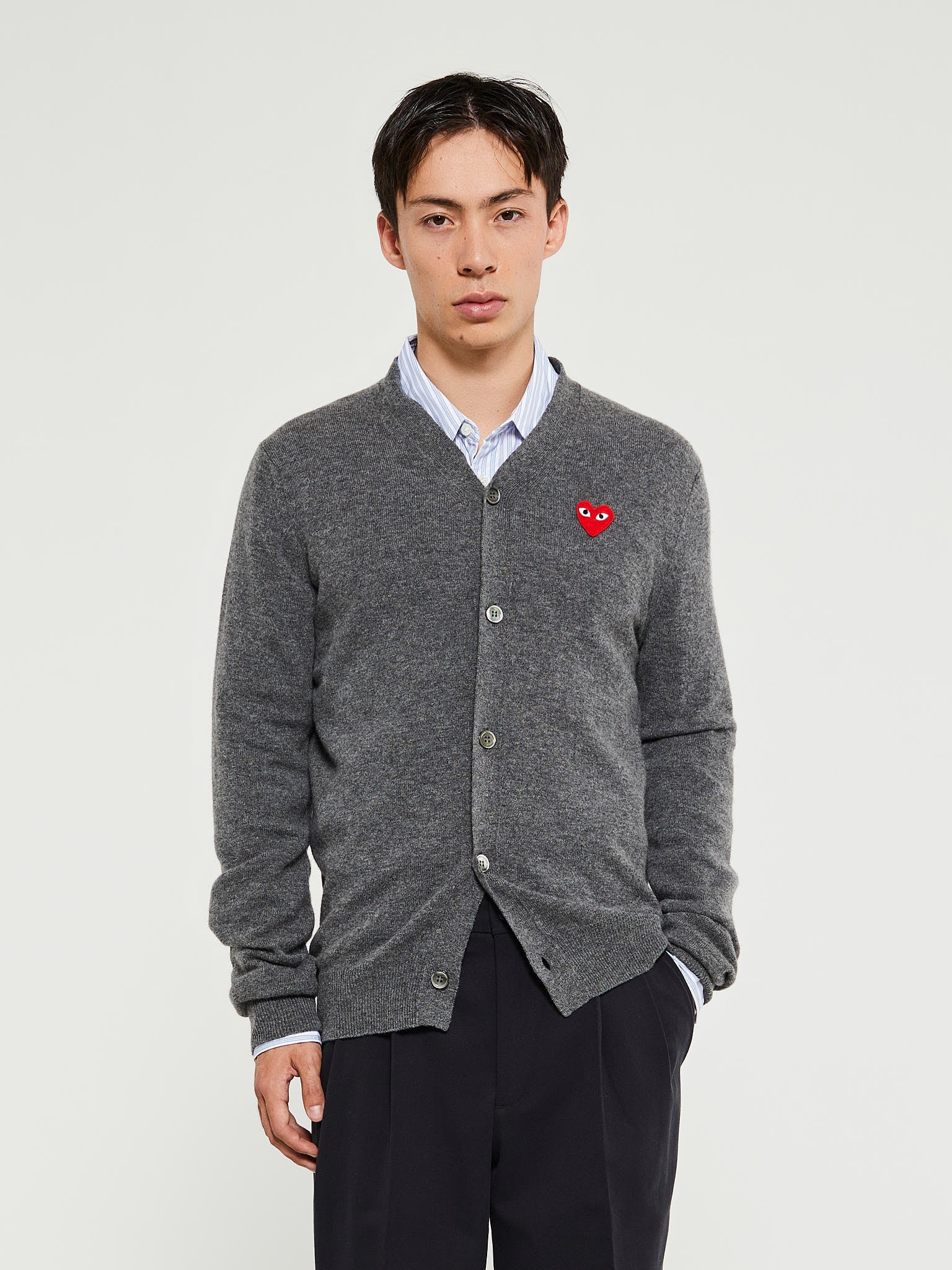 Comme des Garçons PLAY - V-Neck Cardigan with Red Emblem in Grey