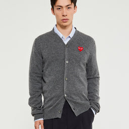 Comme des Garçons PLAY - V-Neck Cardigan with Red Emblem in Grey