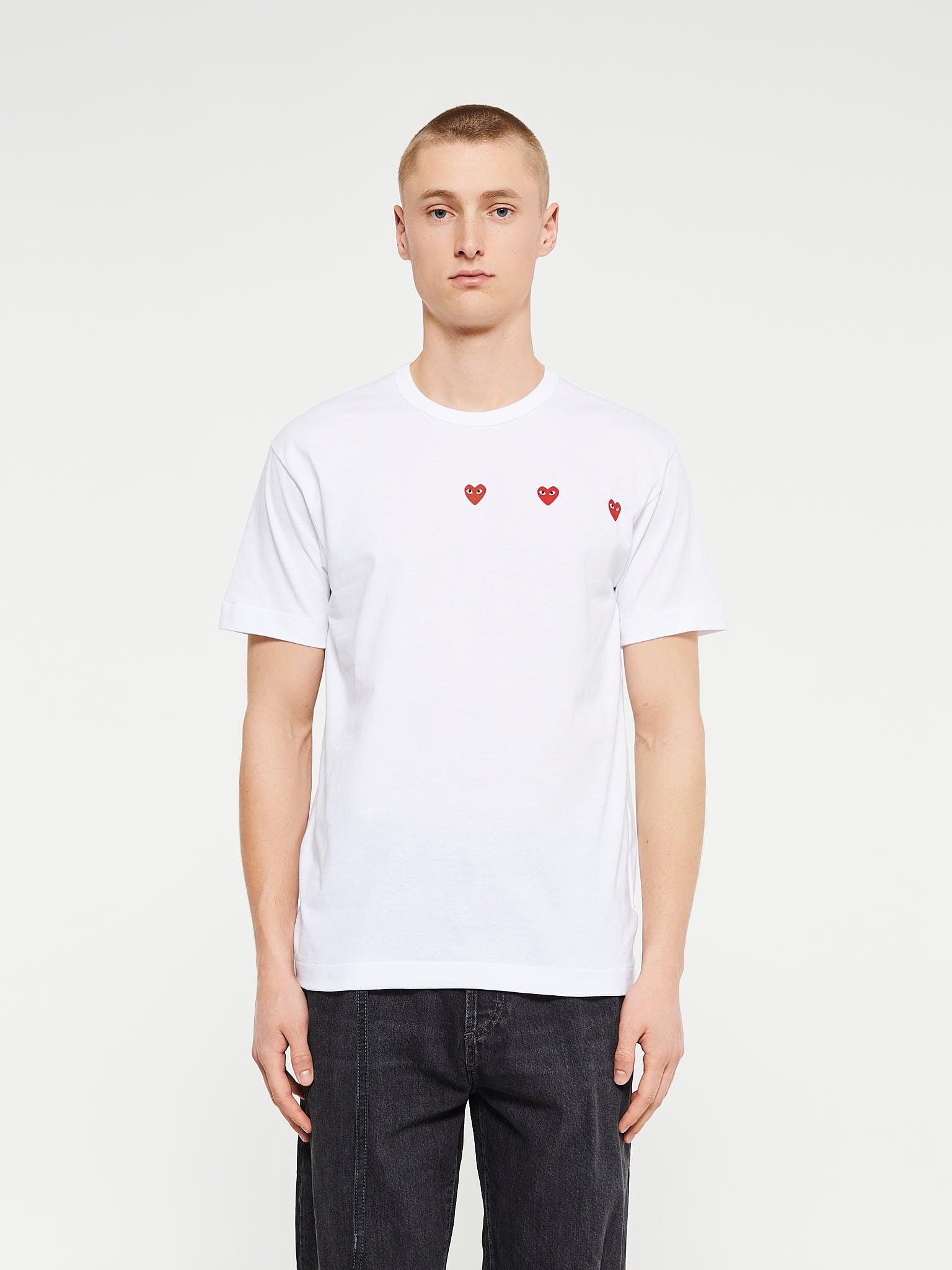 Comme des Garçons PLAY - Horizontal 3 Hearts Short Sleeve T-Shirt in White
