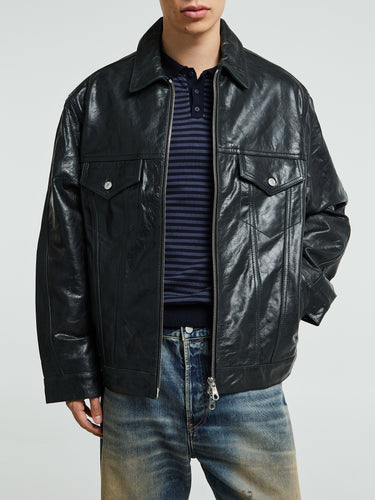 Cole Buxton - Leather Trucker Jacket in Black